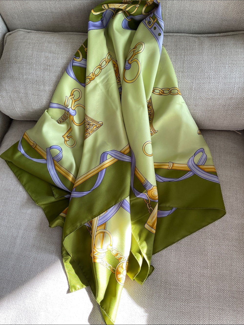 Lime Green Chain & Ribbon Print Scarf vintage Andres Maree - Picture 8 of 8